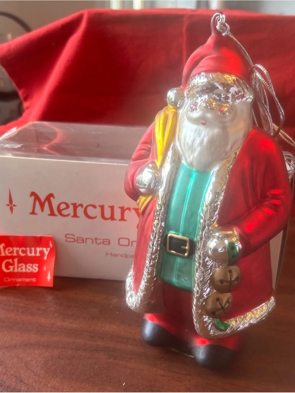 Vtg Department 56 Santa Ornament Hand Blown Mercury Glass 9” Tall in Box 7744-5